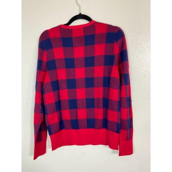 Lands End Supima Cotton Red Blue Buffalo Plaid Button Cardigan Sweater Medium - Picture 13 of 14